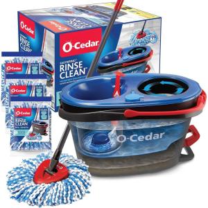 O-Cedar RinseClean Spin Mop & Bucket System | Clean with Water | Removes 99% of Bacteria(Rinseclean Spin Mop & Bucket + 3 Extra Refills)