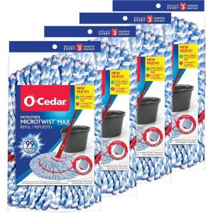 O-Cedar Genuine MicroTwist MAX Twist Mop Head Replacement | Machine Washable | Reusable | Microfiber Refill | Removes 99% of Bacteria(4 Pack)