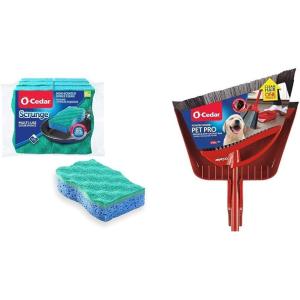 O-Cedar Scrunge Multi-Use (Pack of 6) Non-Scratch, Odor-Resistant All-Purpose Scrubbing Sponge & Pet Pro Broom & Step-On Dustpan PowerCorner, Red