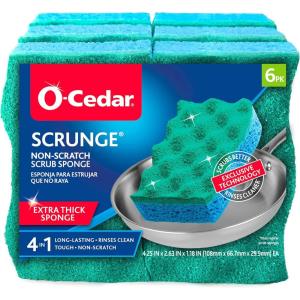 O-Cedar Scrunge Non-Scratch Scrub Sponge (Pack of 6) Multi-Use, All-Purpose, Odor-Resistant, Scrubbing Sponge Safely Cleans All Hard Surfaces in Kitchen and Bathroom(6 Count (Pack of 1))
